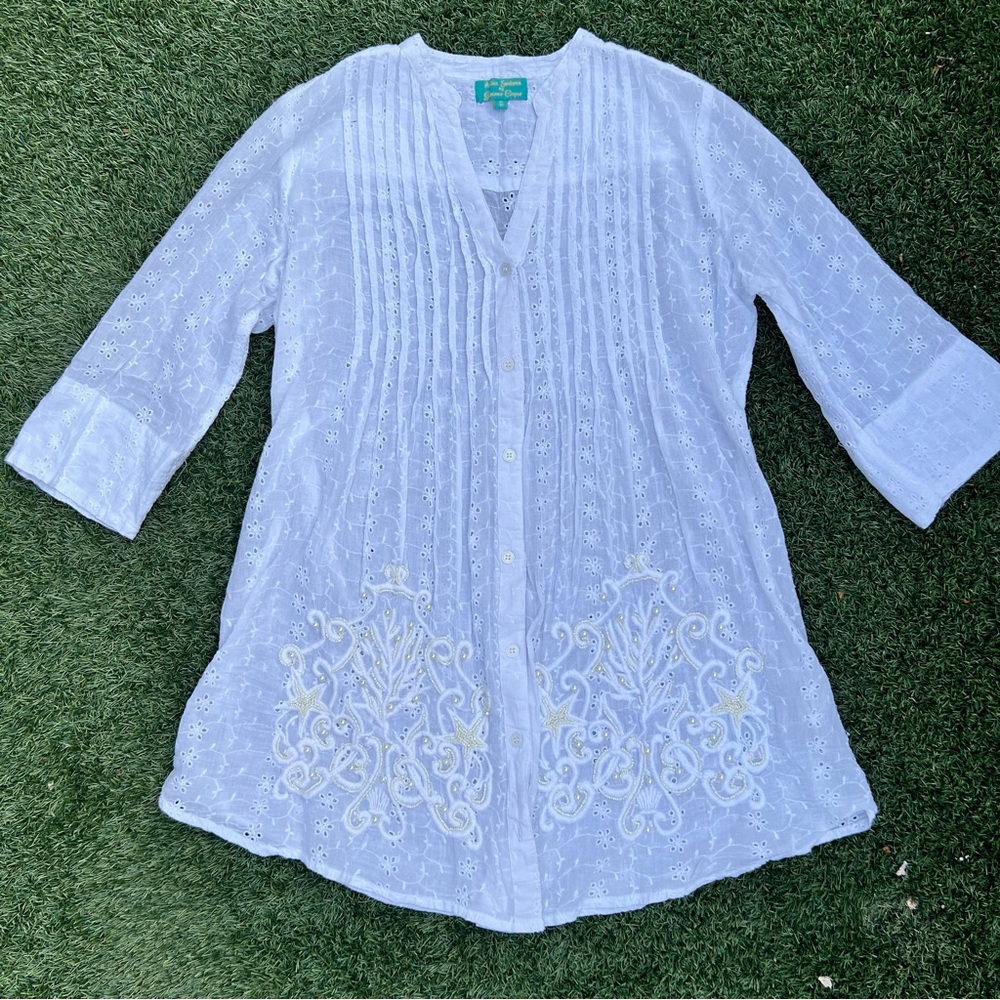 Antica Sartoria White Eyelet Embroidered Tunic Shirt-Dress Top